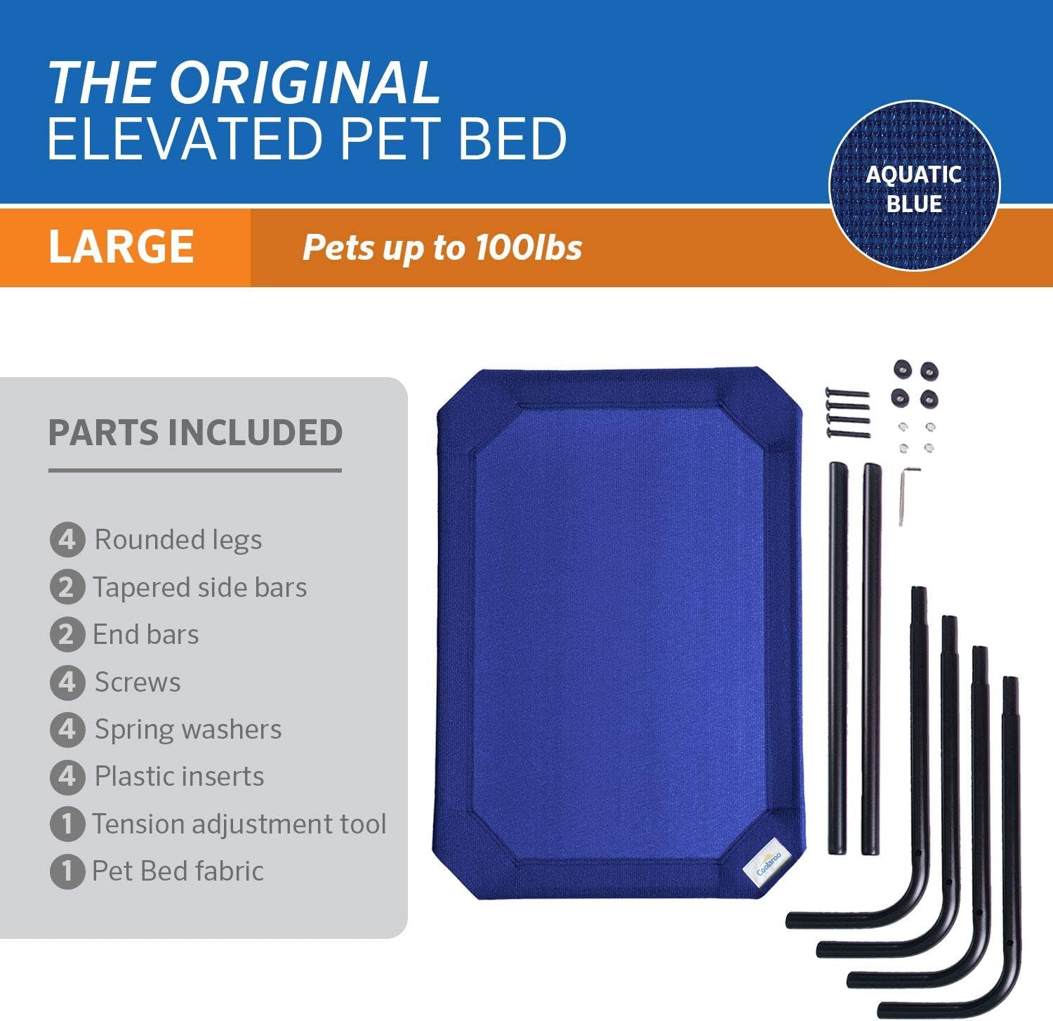 Original Elevated Dog Bed - Breathable Off-The-Ground Pet Bed with Cooling Fabric, Joint Relief & Moisture-Resistant Fabric, 100% Recyclable, Easy Clean, Aquatic Blue, Large